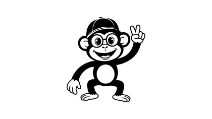 Smart Monkey: A charming cartoon monkey, sporting a cap and spectacles, flashes a cheerful peace sign, radiating playful optimism and a touch of intellectual curiosity.