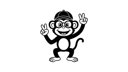 Friendly Monkey Illustration: A charming black-and-white illustration of a friendly monkey wearing glasses and a cap, flashing a peace sign, exuding playfulness.