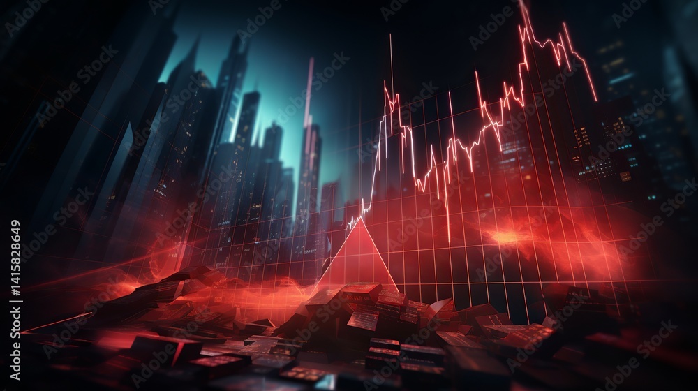 Poster red financial graph overlaying a futuristic cityscape with a dark and moody color grading scheme
