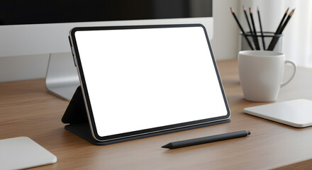 Fototapeta premium Blank tablet screen mockup on clean desk with stylus pen and digital workspace elements