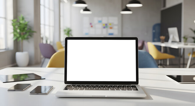 Laptop mockup with blank screen in coworking space, natural light, modern tech environment