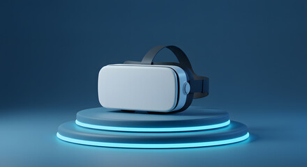 Blank VR headset mockup on clean pedestal, futuristic blue lighting, immersive technology theme