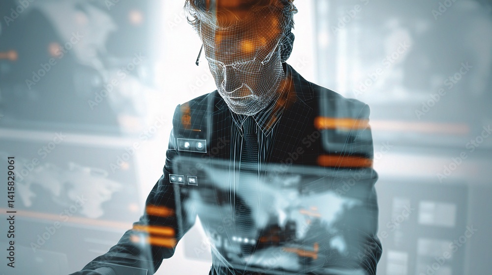 Poster double exposure of businessman using high tech computer technology