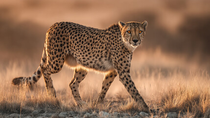 Naklejka premium A sleek cheetah with spotted fur and intense focus, captured mid-stride across a dry grassland with a hazy sunset glow