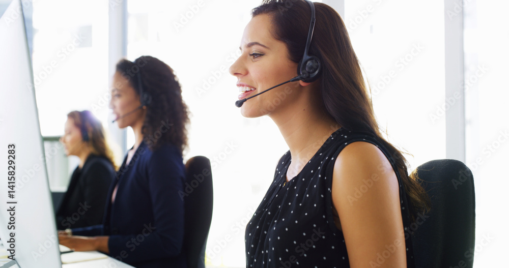 Poster call center, talking and woman with headset by computer for inbound query, friendly service and lead