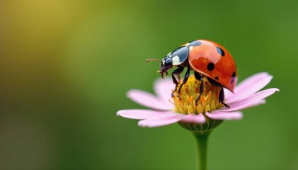 Obraz premium Ladybug sitting on a small flower, gazing up at its delicate petals, nature, love, insects