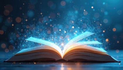 Open book with glowing pages, abstract illustration. Education concept with digital knowledge and fantasy, science, literature, learning. Copy space, online education, cyberspace.