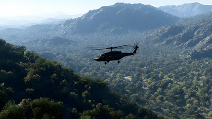 Military Helicopter Over Lush Mountainous Landscape