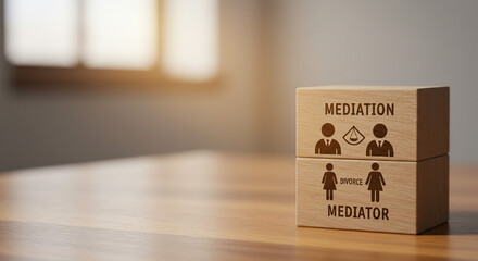 Divorce mediation concept Wooden blocks showing mediation divorce and mediator on a wooden table