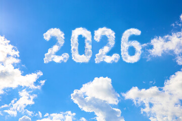 2026 year written on a blue sky of clouds. Concept of happy New year.