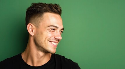 Obraz premium Young Man with Short Haircut Smiling Casually on Green Background
