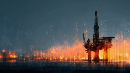 Obraz premium Oil Platform Silhouette Against City Skyline at Dusk with Glow
