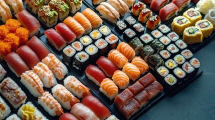 Various types of sushi and maki with ginger