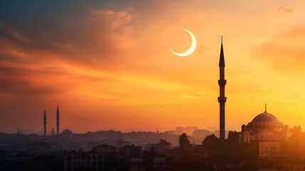 Obraz premium Mosque Silhouette At Sunset In Cityscape