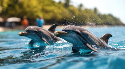 Obraz premium Dolphins swim playfully alongside a snorkeler in vibrant tropical waters on a sunny day near a picturesque beach