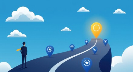 Businessman looking at road with location pins and clouds in a blue sky on a cartoon illustration