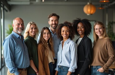 Group portrait of smiling diverse employees. Happy multiethnic corporate staff in office looking camera. Business team, friendly colleagues. Successful professionals.