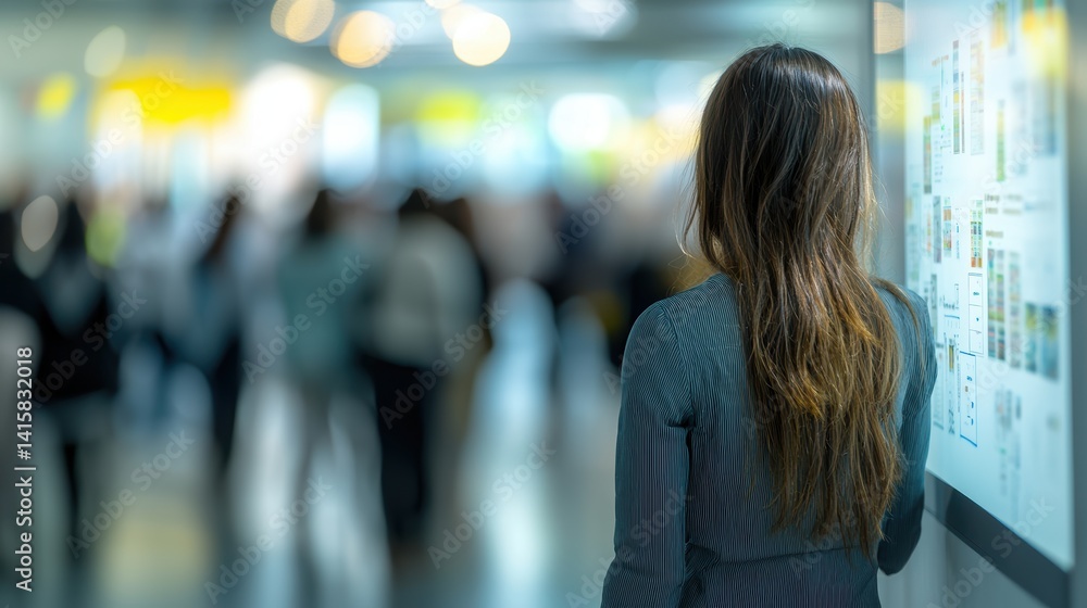 Poster woman observing data visualization in a busy conference environment with blurred crowd in background