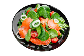 Salmon salad fresh seafood appetizer dish fresh tasty gourmet food background on table rustic food top view copy space keto and paleo diet vegetarian food pescetarian diet