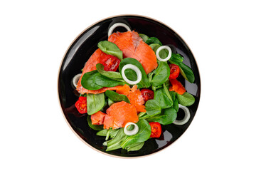 Salmon salad fresh seafood appetizer dish fresh tasty gourmet food background on table rustic food top view copy space keto and paleo diet vegetarian food pescetarian diet