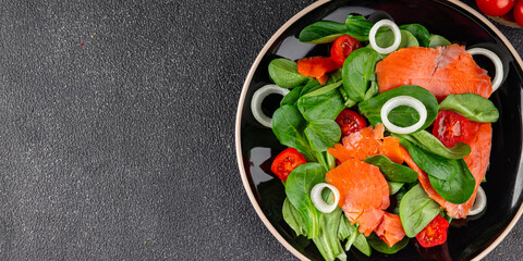 Salmon salad fresh seafood appetizer dish fresh tasty gourmet food background on table rustic food top view copy space keto and paleo diet vegetarian food pescetarian diet