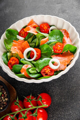 Salmon salad fresh seafood appetizer dish fresh tasty gourmet food background on table rustic food top view copy space keto and paleo diet vegetarian food pescetarian diet
