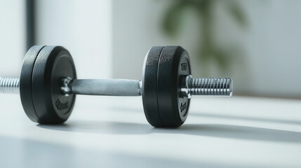 Naklejka premium Modern dumbbell resting on a minimalist white surface with soft shadows, ideal for fitness branding and marketing visuals