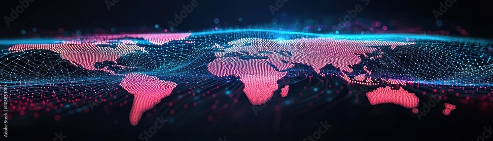 Poster futuristic digital globe with vibrant neon colors representing global connectivity and data flow in 