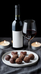Romantic still life with red wine, chocolate truffles, and heart-shaped candles for a cozy evening