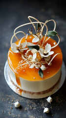 Caramel Glazed Mousse Cake with Artistic Sugar Flowers and Gold Accents