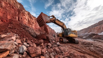 Excavator Digging Into Red Soil Quarry on Cloudy Day
