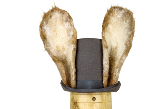 White rabbit or march hare hat. Bunny ears attached to the top hat on wooden stand. Hatter Headdress for Alice in wonderland.