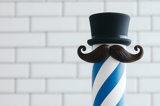 Barber pole with mustache and top hat against white tile. Classic barber shop charm with a modern twist, evoking a sense of timeless style and sophistication.