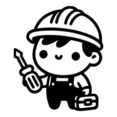 A cartoon construction worker holding a screwdriver and a toolbox. The worker wears a helmet and overalls