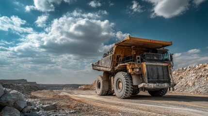 Dump Truck Hauling Material in Quarry Under Cloudy Sky
