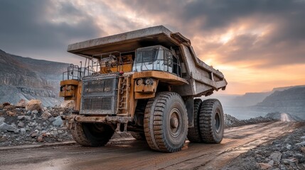 Obraz premium Operating Large Mining Truck at Quarry During Sunset