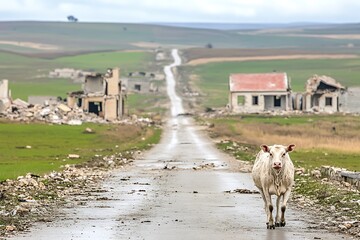 A lone cow stands on a dirt road amidst the ruins of a war-torn village, a poignant symbol of resilience amidst destruction