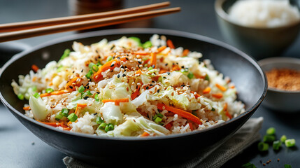 Stir-fried cabbage and carrots served with steamed rice in a modern kitchen environment