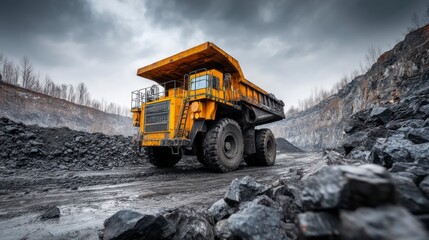 Large Yellow Mining Truck at Quarry Site Under Cloudy Sky