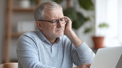 Serious older mature middle aged man wearing eyeglasses looking at computer technology sitting at table, using laptop hybrid working online, elearning, browsing web, searching online at home.