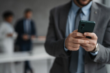 Sales manager using his smartphone at work in office