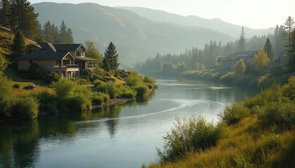 Fototapeta premium Luxury homes located at Deschutes River in Bend Oregon. Houses near river. Sunny summer day. Nature landscape. Reflection of houses in water. Houses are surrounded by trees and green grass. Tourism.