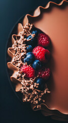 Sculptural Chocolate Berry Tart with Artistic Ruffled Edge and Mousse Accents