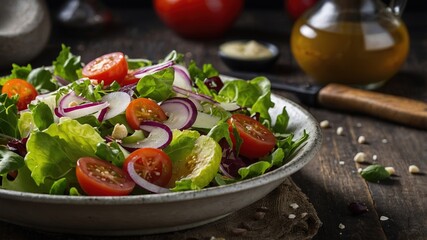 Fotografía de ensalada casera con vegetales frescos y huevo cocido sobre fondo de madera © jesus