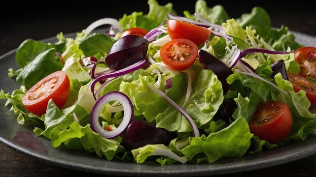 Ensalada fresca con ingredientes variados como lechuga y repollo morado