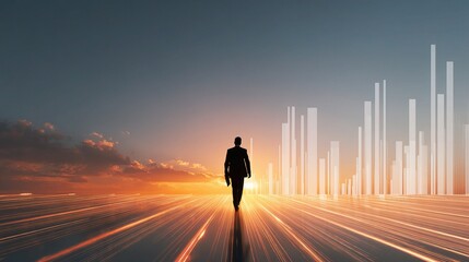 Business Leader Walking Toward Sunrise with Financial Growth Concept