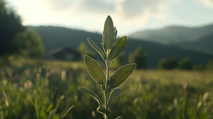 Fototapeta premium Closeup Of Plant In Field With Mountain Background