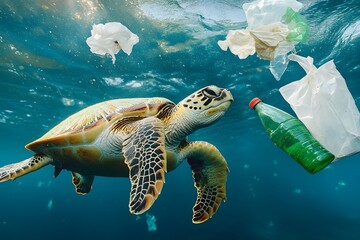 Sea turtle swims amidst floating plastic debris, highlighting the dangers of ocean pollution and its impact on marine life