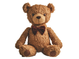 Obraz premium Soft caramel-brown teddy bear with a velvet bowtie, embroidered eyes, and a textured faux-fur body, sitting upright.