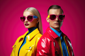 Trendy duo in comic-inspired pop art, neon outfits and stylish sunglasses